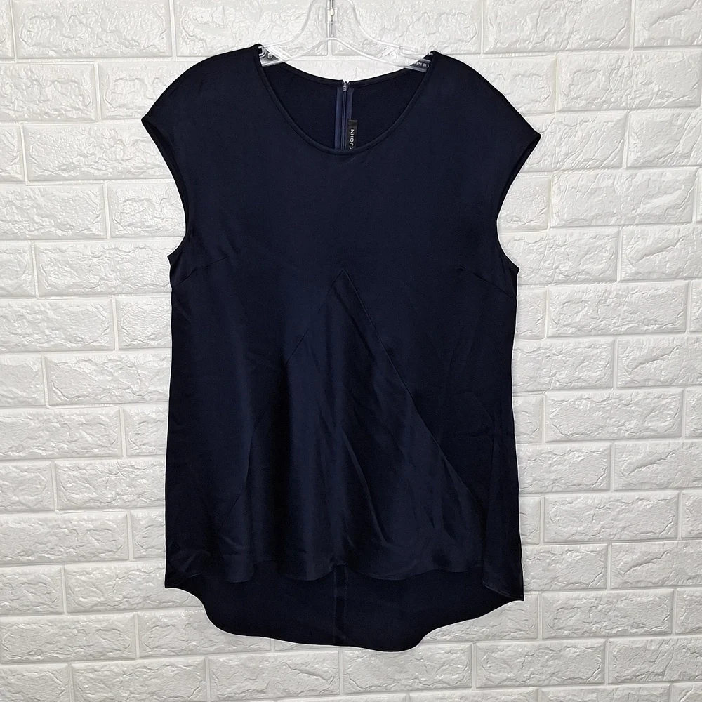 ST. JOHN Black Label Navy Satin High-Low Tunic Blouse